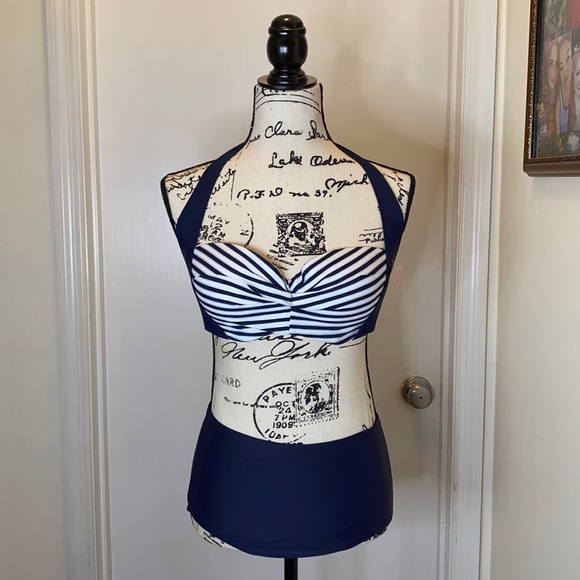 Striped Vintage Bikini 👙 Navy & White Size Medium - Picture 1 of 5
